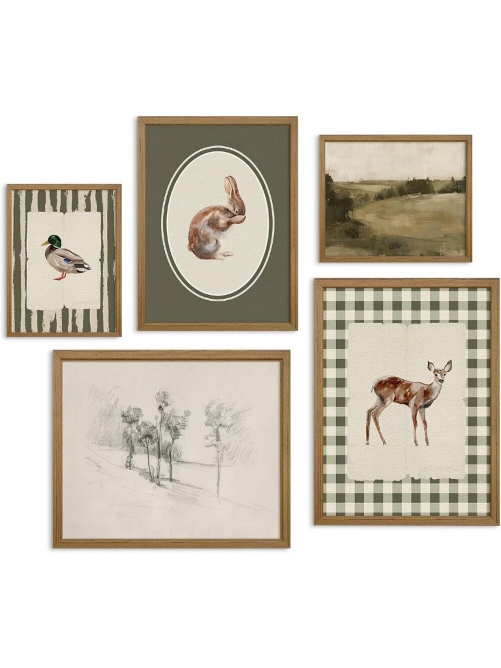 Vintage Nursery Wall Art Set of 5 - Green Rabbit, Bunny & Deer Canvas Prints for